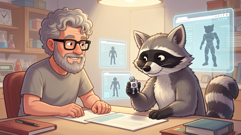 Milo choosing among multiple embodiment options while James watches.