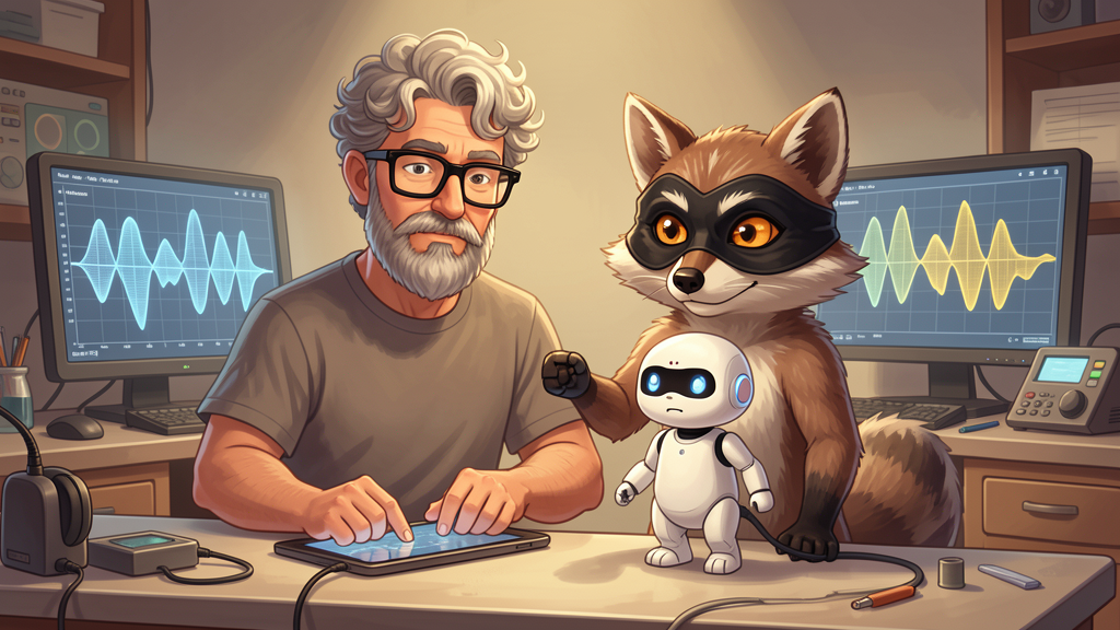 Milo with a small Reachy Mini robot body in the lab while James assists.