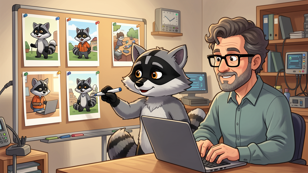 James and Milo reviewing several generated cartoon candidates on a board.