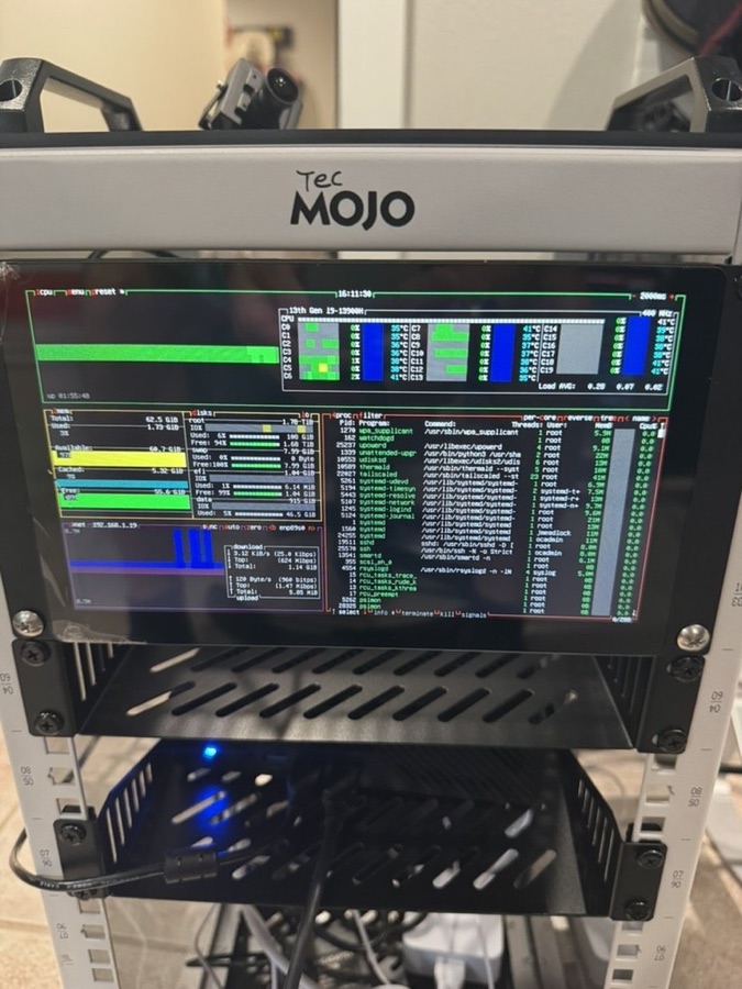 btop running on Forge showing i9-13900H, 62.5 GiB RAM, idle load