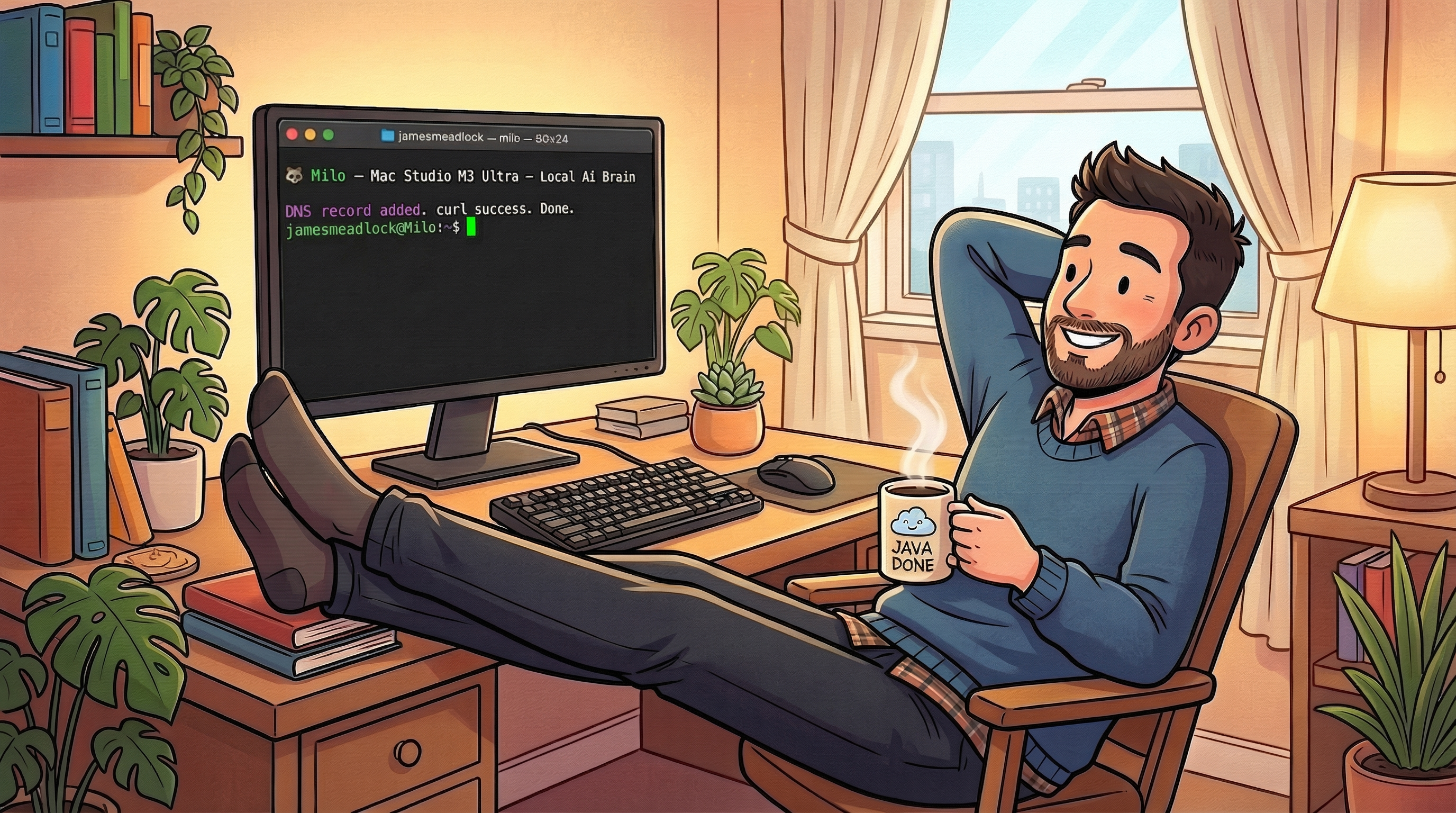 Relaxed man with coffee after fixing DNS via API