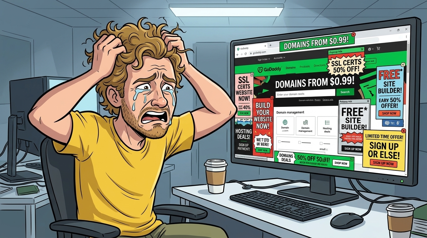 Frustrated man crying at GoDaddy's DNS interface