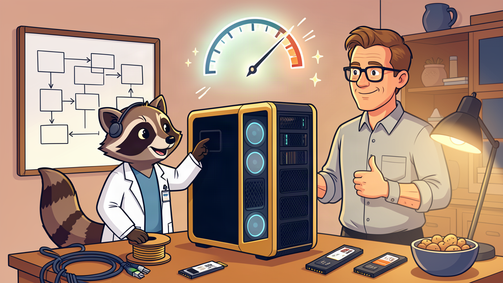 Cartoon: Milo the raccoon in a lab coat and James with a coffee mug stand beside a gold-and-black desktop supercomputer. A speed gauge above it has swung from nearly zero to the red zone.
