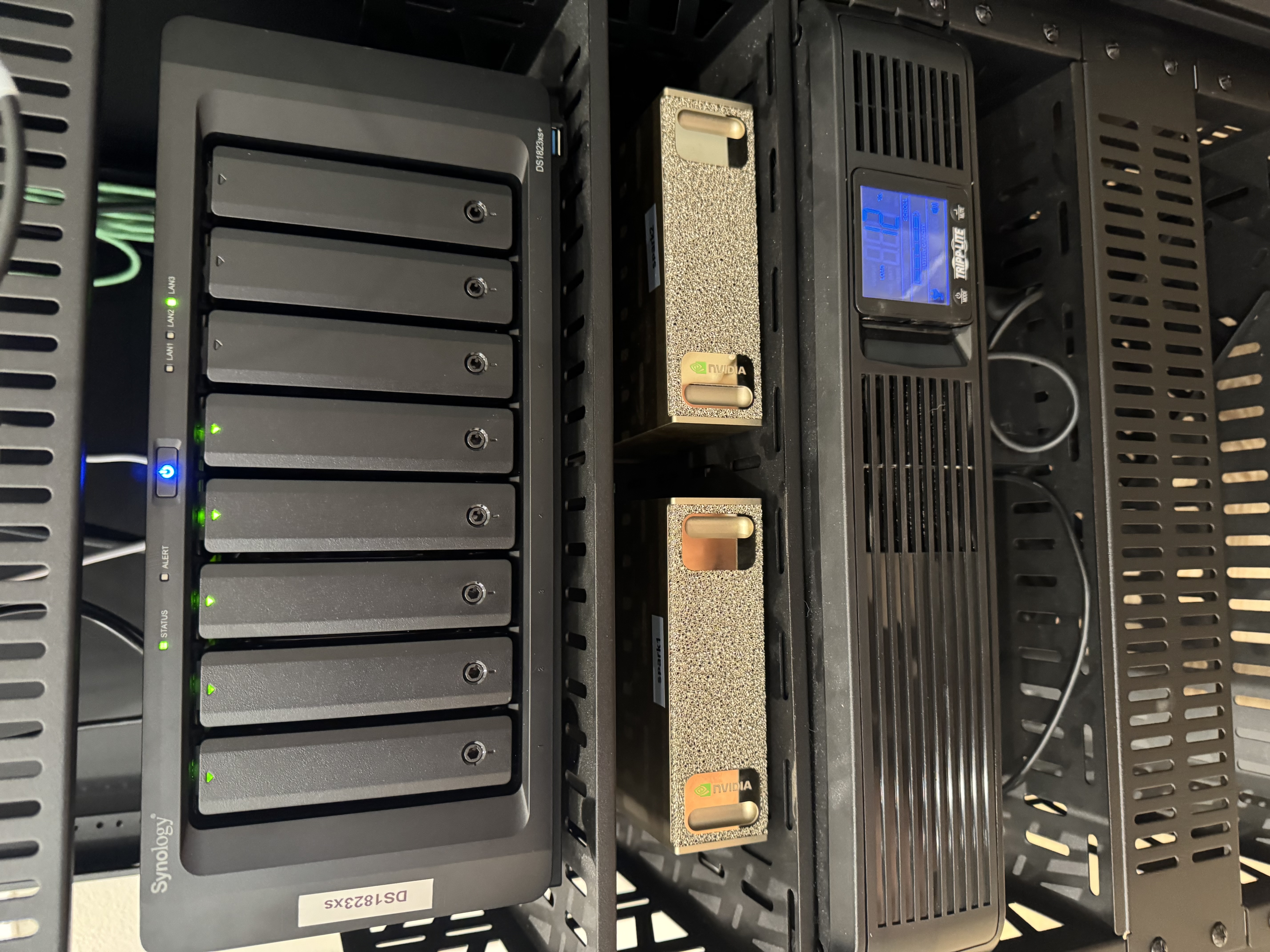 spark1 and spark2 installed in the rack, with Synology NAS above and Tripp-Lite UPS below