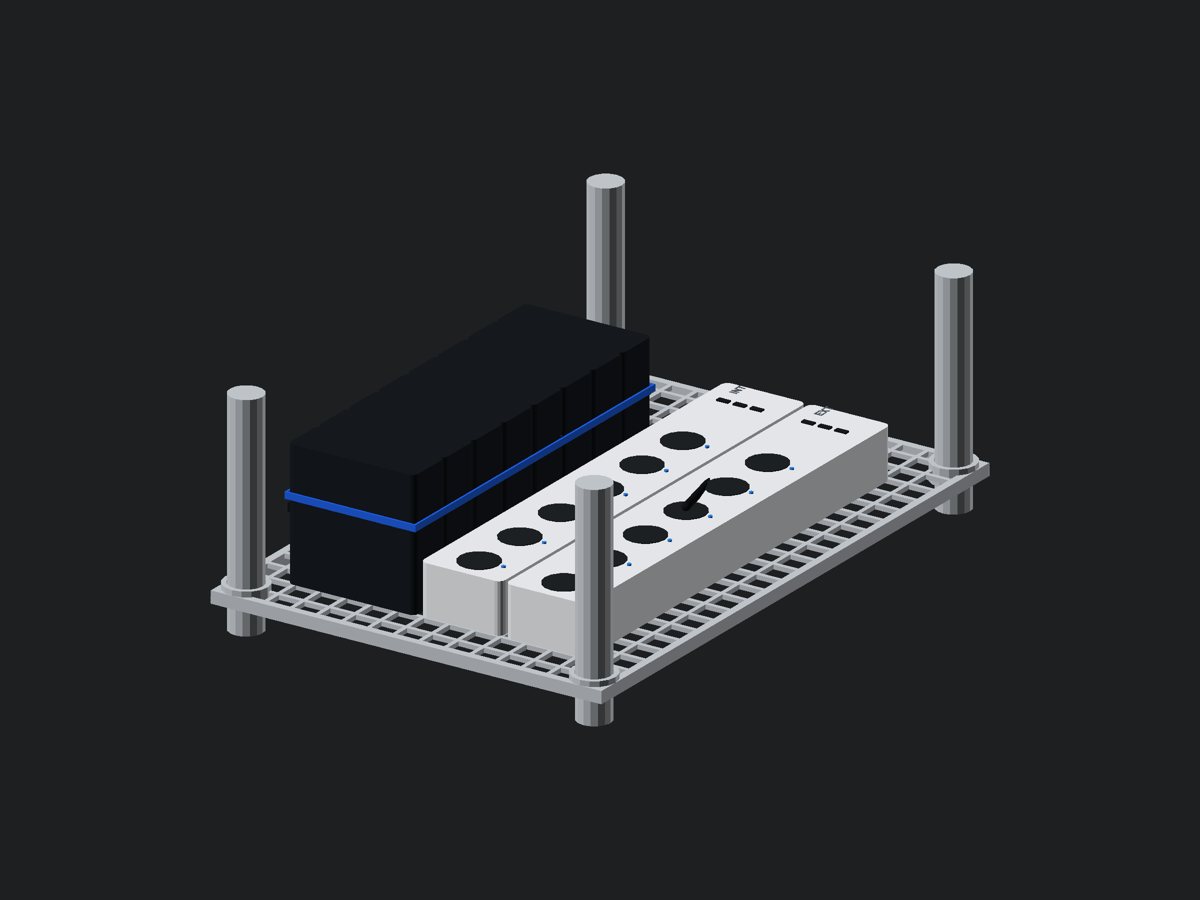 OpenSCAD isometric of the bottom deck showing the tied brick block and the two white P316M strips with outlet recesses and blue status LEDs, cords exiting to the rear.