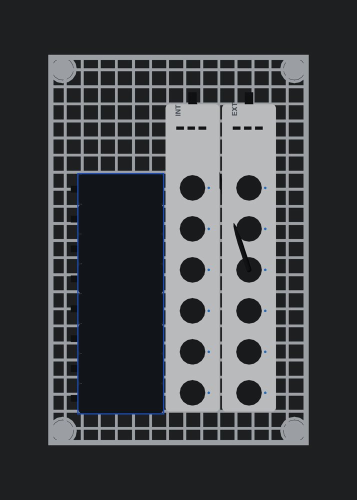 Top-down OpenSCAD view of the bottom deck: a tied column of eight black bricks on the left; two white Tapo P316M strips side by side on the right with six outlets each, labelled INT and EXT, and a cord from the external strip to the internal one.