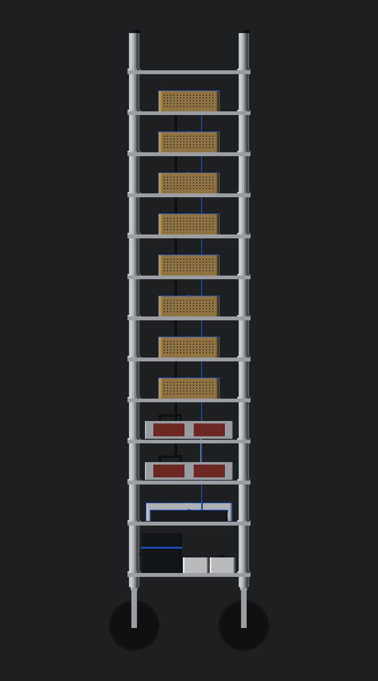 Front view of GhettoRak: bare top shelf, eight Sparks stacked on wire with gold intakes facing the operator, two switches, UniFi, bricks and strips.