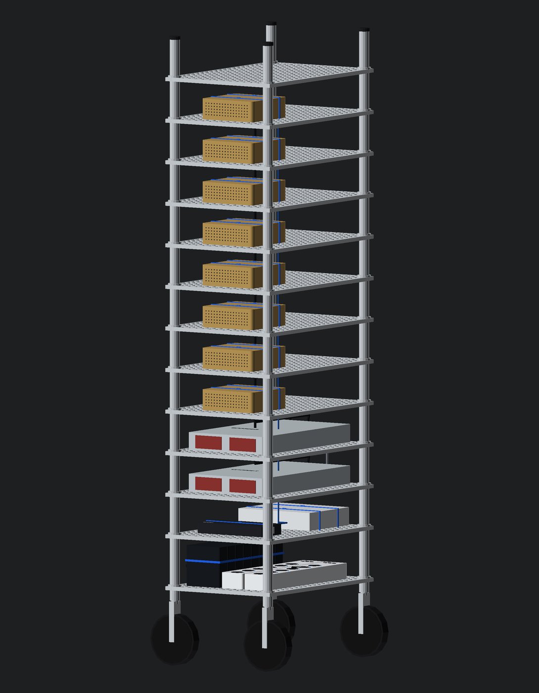 OpenSCAD isometric of GhettoRak, October 16 layout: a bare top shelf, eight gold DGX Sparks on separate chrome wire shelves on a 4-inch pitch zip-tied with blue ties, then two grey CRS804 switches and a white UniFi switch with its brick on the same 4-inch pitch, and on the base a tied row of eight power bricks beside two white Tapo P316M strips, uncut posts on 5-inch casters.