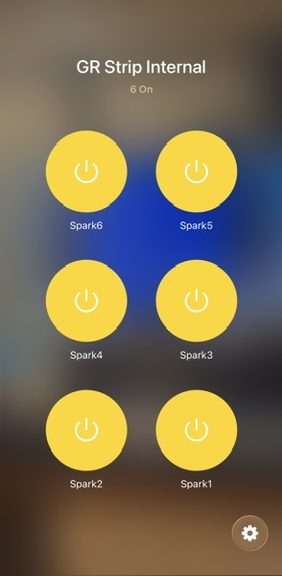 Apple Home screen titled GR Strip Internal, 6 On, with six yellow outlet tiles labelled Spark6, Spark5, Spark4, Spark3, Spark2, Spark1.