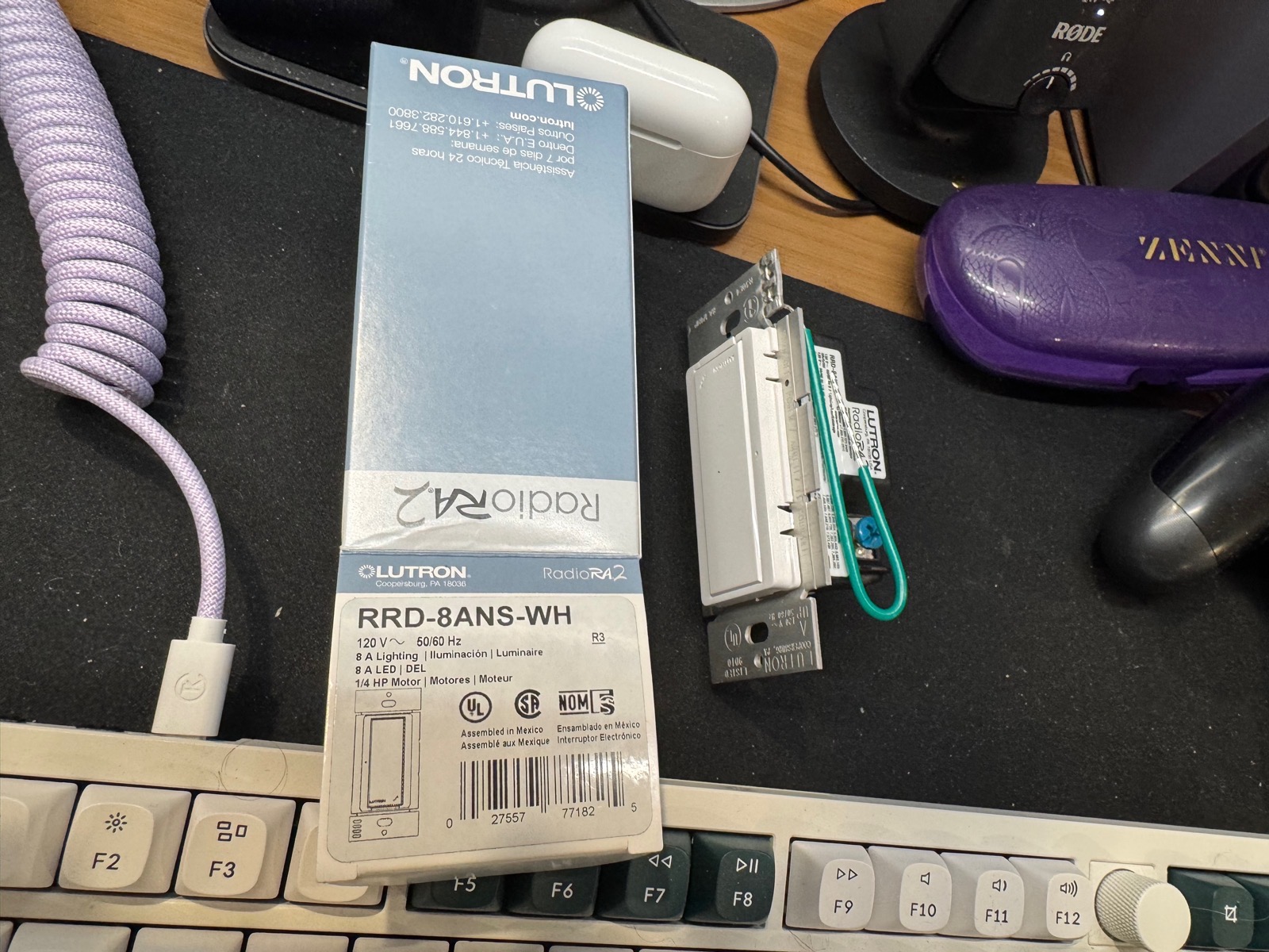 Lutron RRD-8ANS-WH RadioRA 2 switch box and device with green ground lead