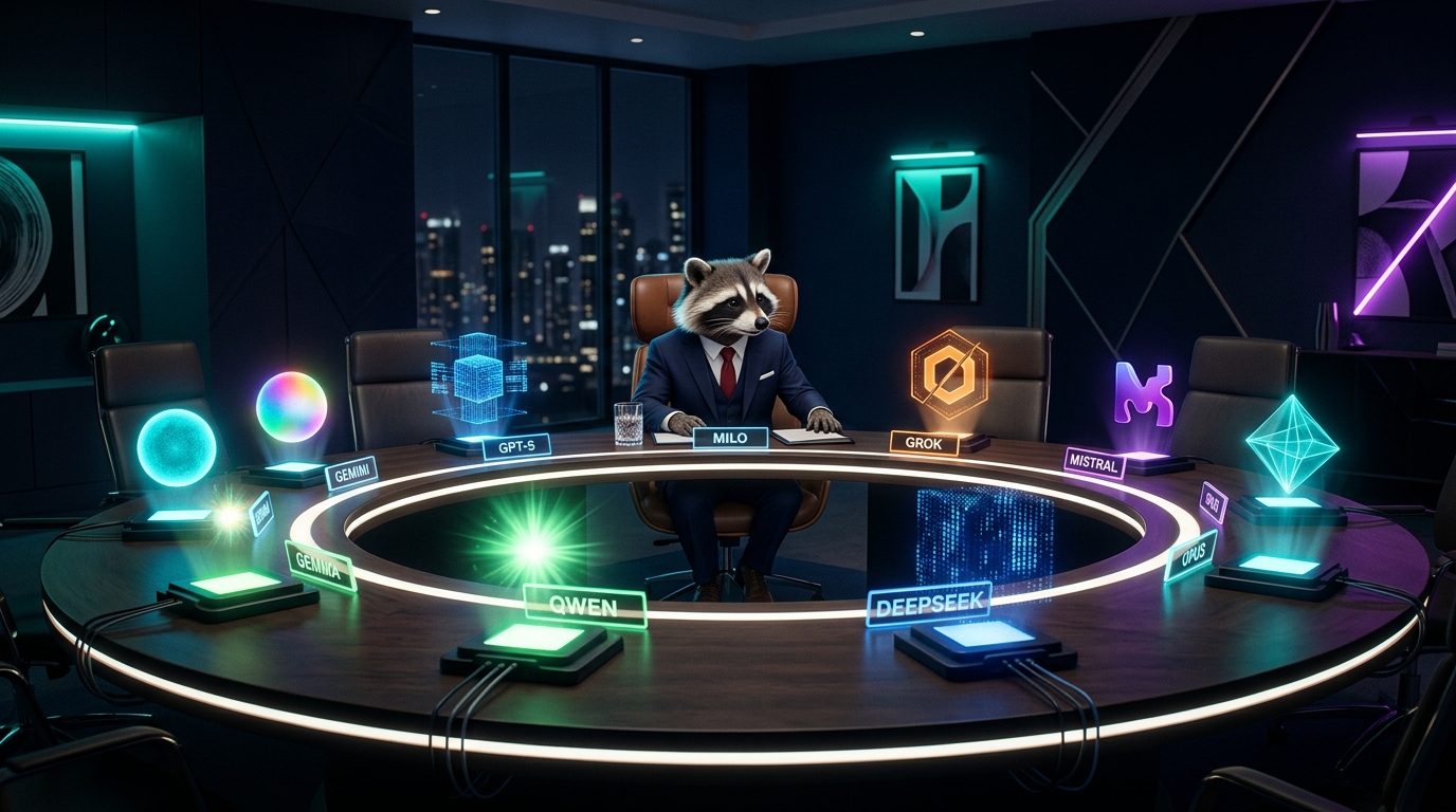 Milo chairing the AI Council — nine models around a glowing table