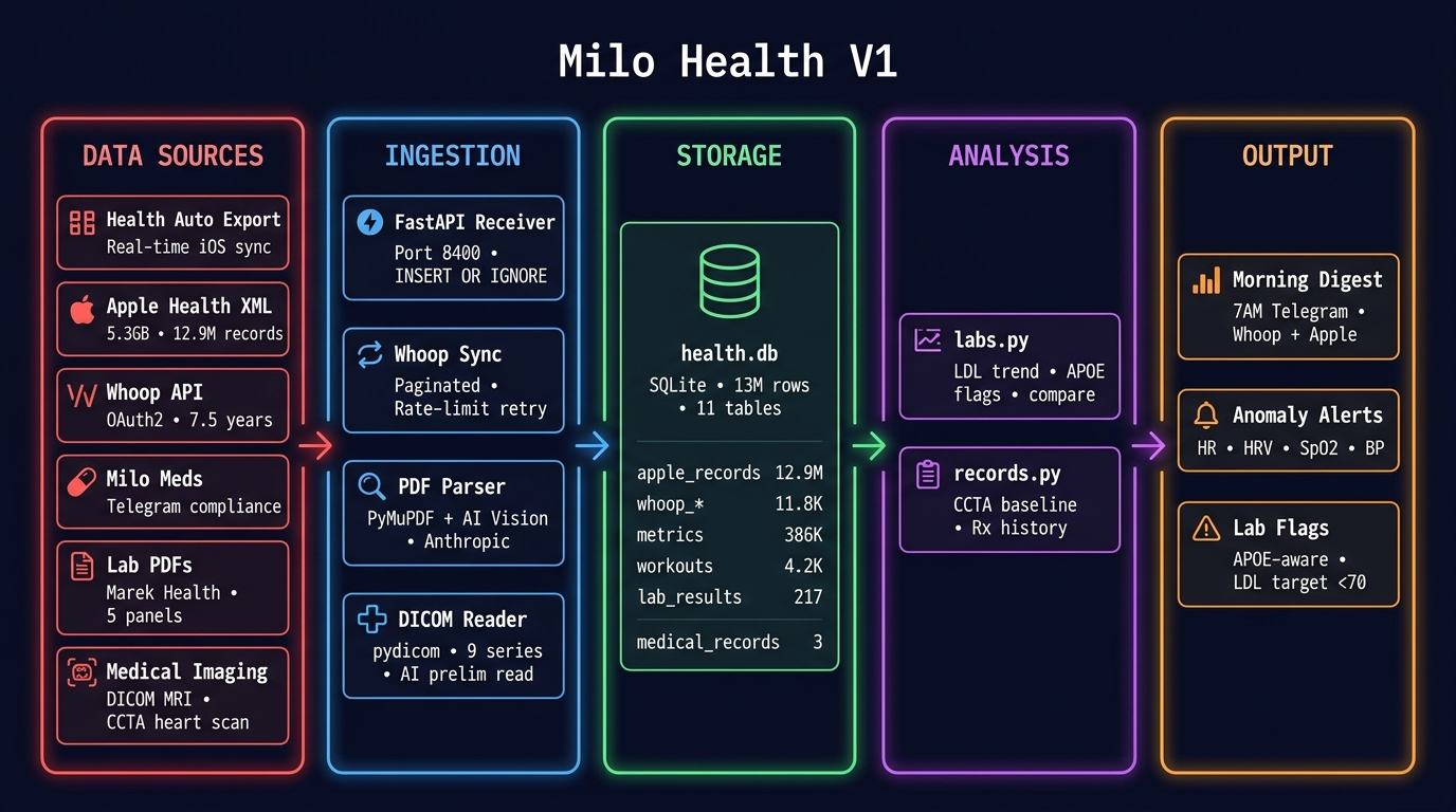 Milo Health V2 Architecture — Data Sources → Ingestion → Storage → Analysis → Output