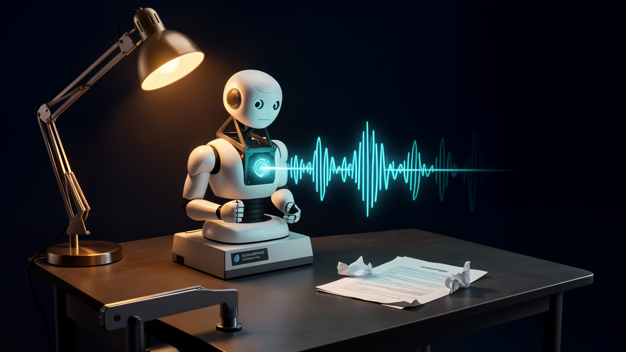 A small desk robot listening to a glowing waveform while a discarded paper transcript sits unused on the bench.